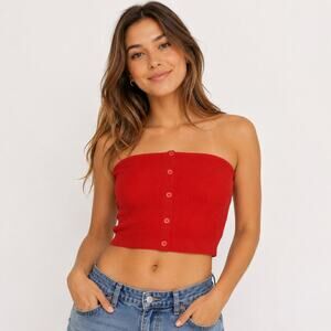 American Eagle Poppy Red ribbed cropped tube knit top. Button front women M